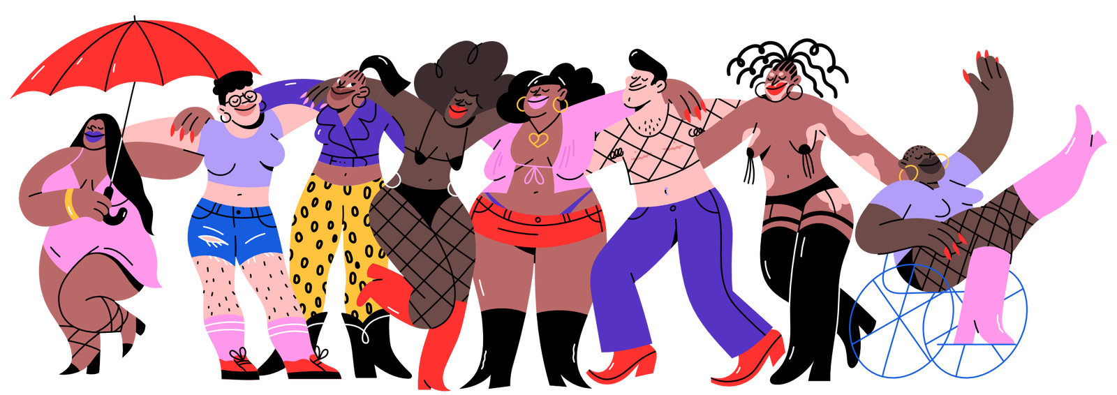 Illustration sex workers from various backgrounds embracing